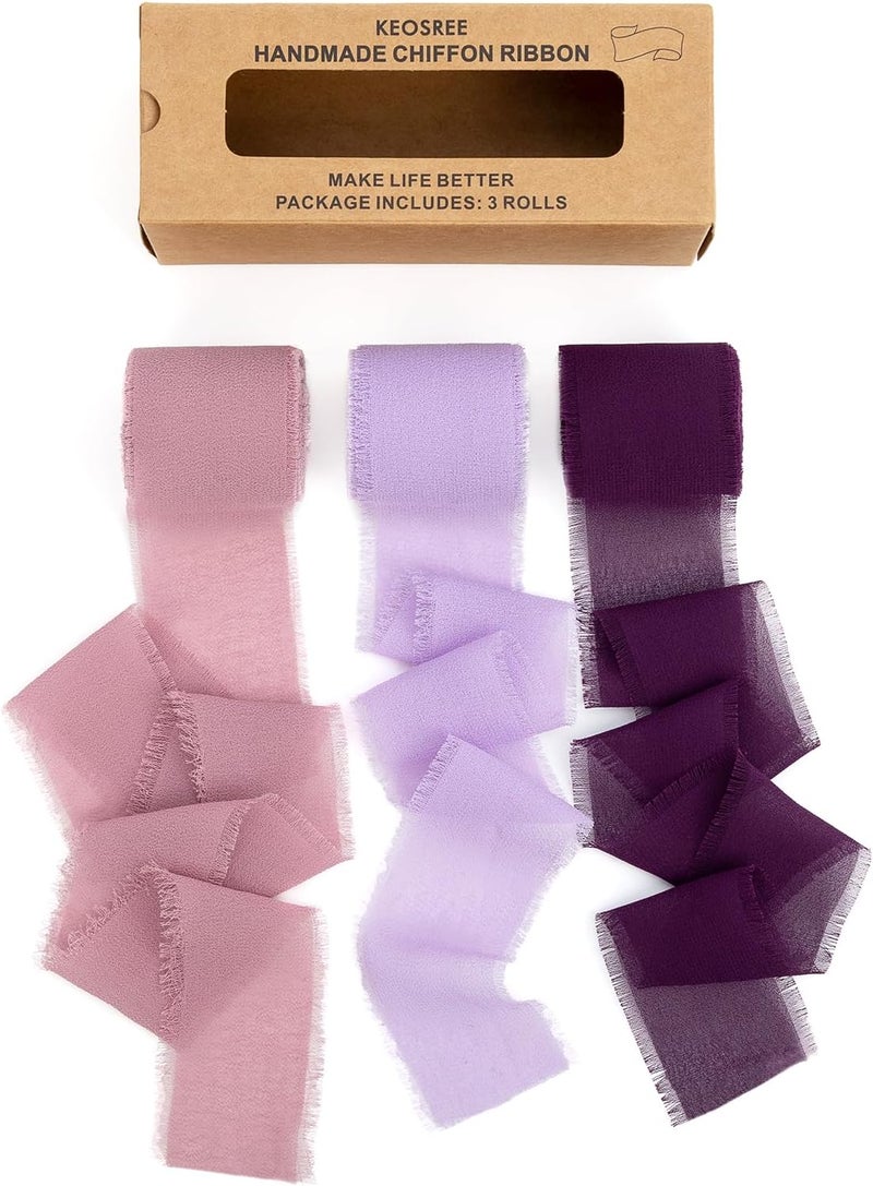 KEOSREE Purple Lavender Dusty Rose Handmade Chiffon Ribbon,1.5" x 21Yd Frayed Silk Ribbons for Wreaths Bridal Flower Bouquet Christmas Gift Wrapping Wedding Decor Invitations Decorations - Image 1